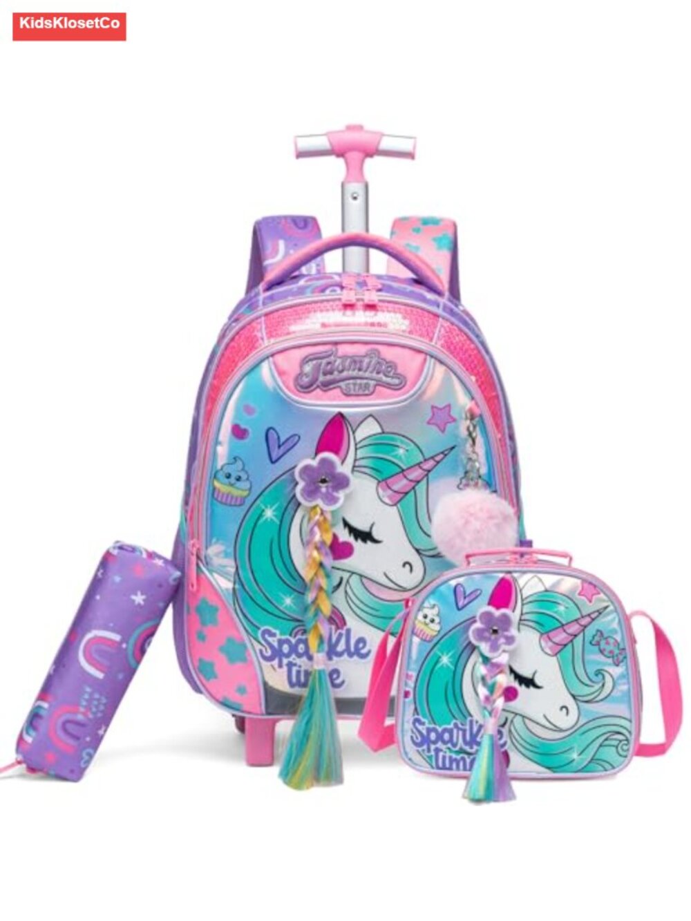 Rolling Backpack with Lunch Box and Pencil Case, Kids Wheeled Bookbag,